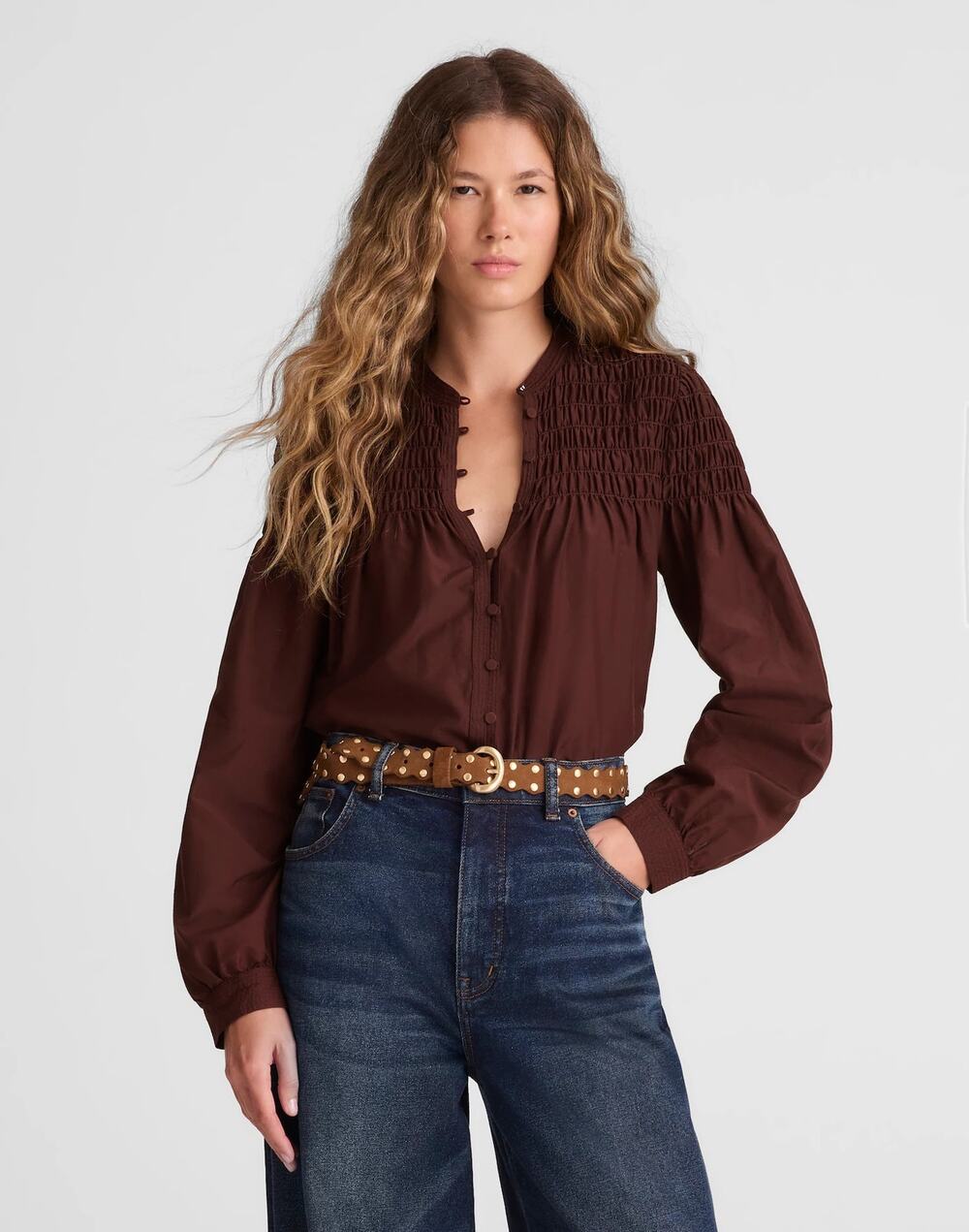 NWOT Madewell Smocked Top in Cotton-Silk Blend in Chocolate Raisin Size XL